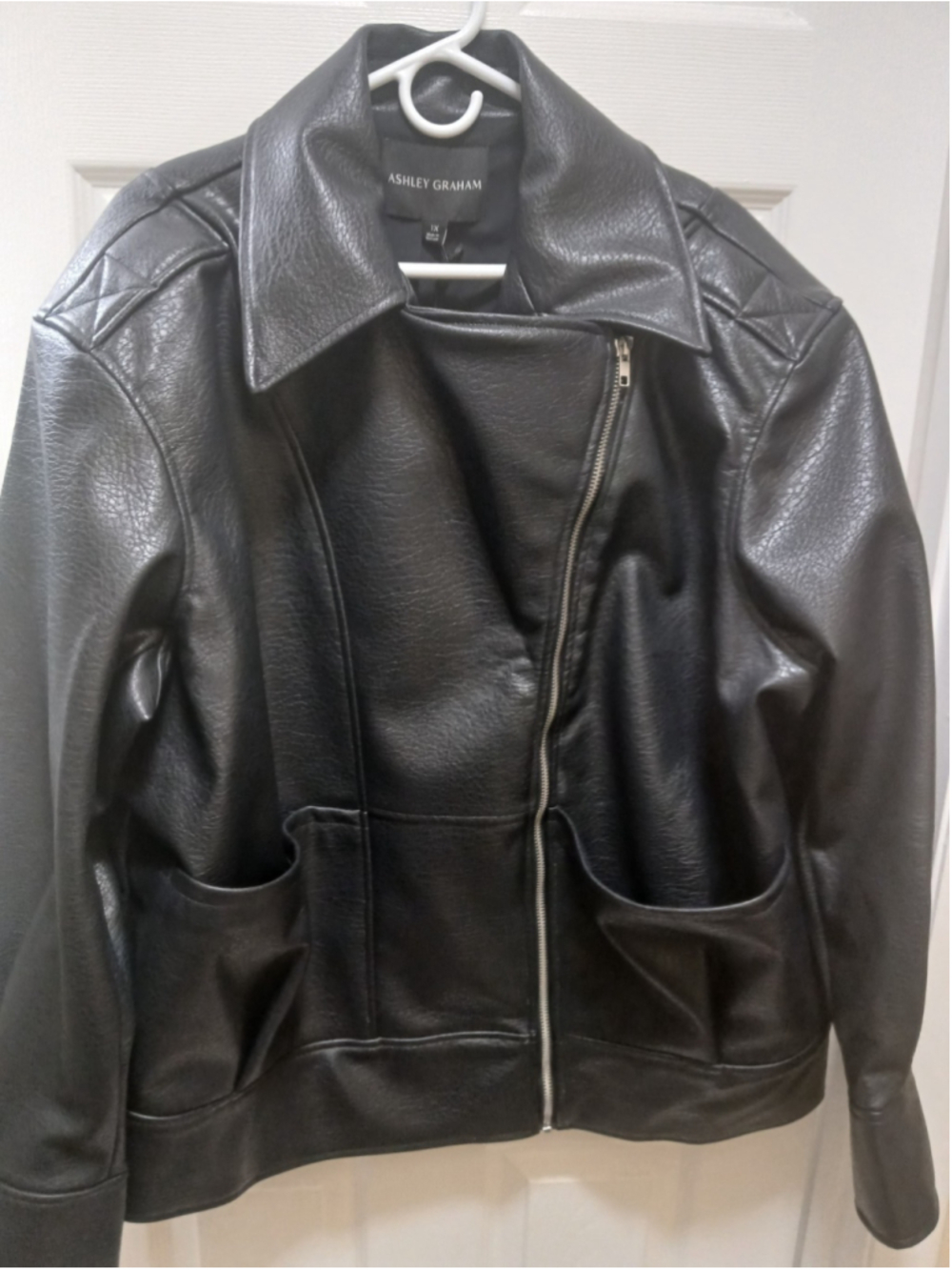 NWT Ashley Graham Womens Faux Leather Midweight Motorcycle Jacket Sz 1X Black